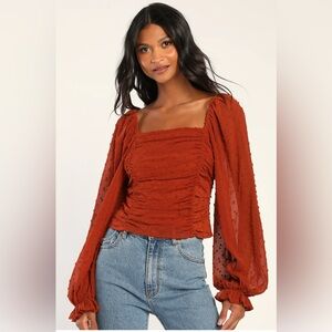 Lulus Ready to Romance Rust Orange Balloon Sleeve Ruched Top